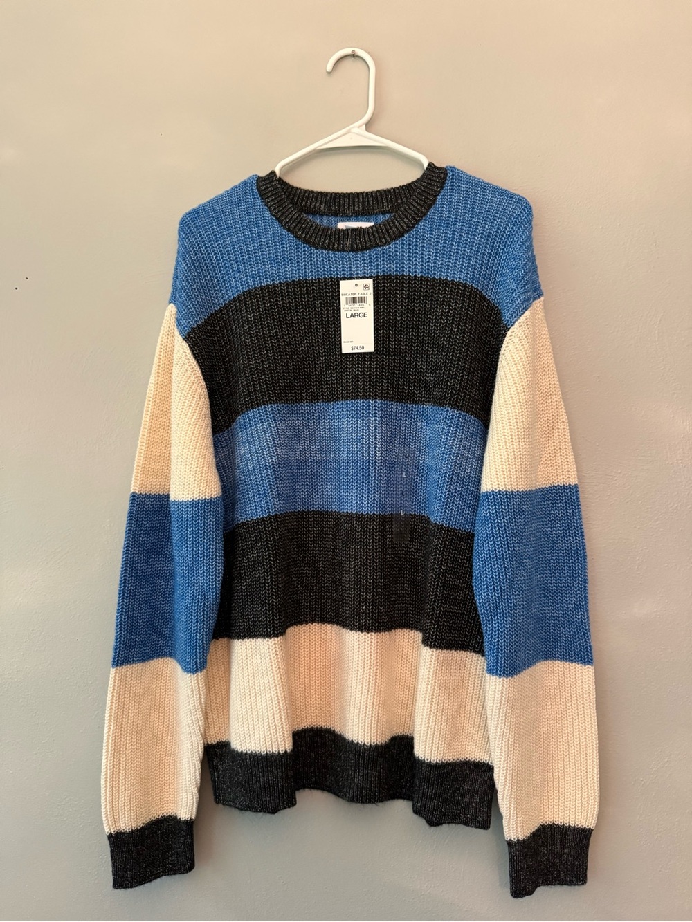 Men's Striped Crewneck Sweater in Blue, Black & Cream